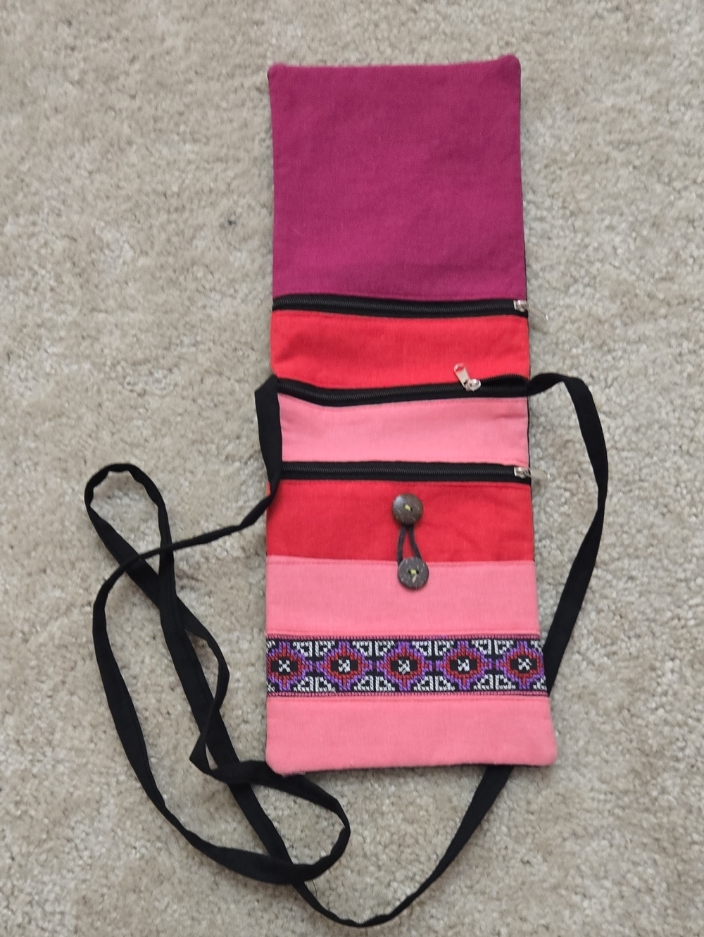 Foldable Crossbody Bag Striped Pink & Red with Embroidered Detail